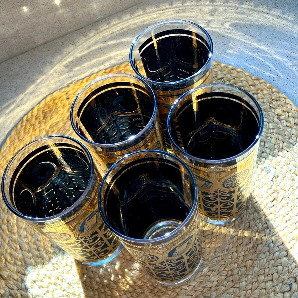 (5) Vintage Libbey Prudential Black and Gold Glasses - 1960s